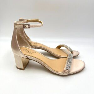 Jewel Badgley Mischka Size 7.5 Champagne Satin Jeweled Dress Sandals Heels Shoes